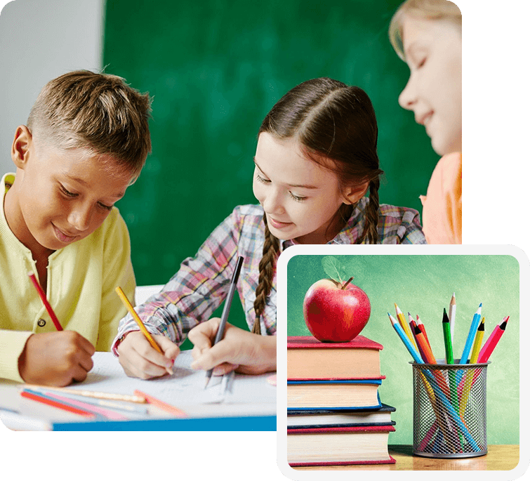 A group of children sitting at tables with pencils and books.